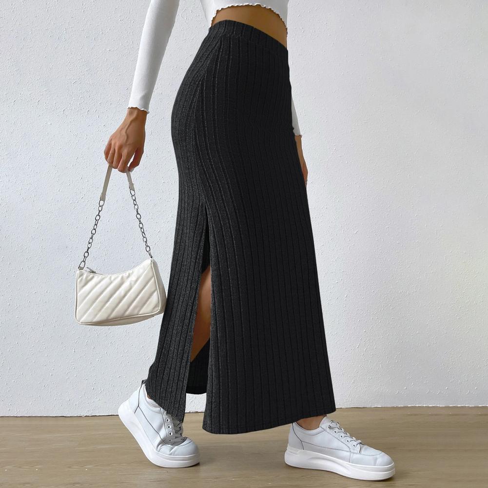 Slim Fit Women Skirt Elegant Womens High Waisted Maxi Skirt with Side Slit Ribbed Knitting Design One Tone Slim Fit Long for A