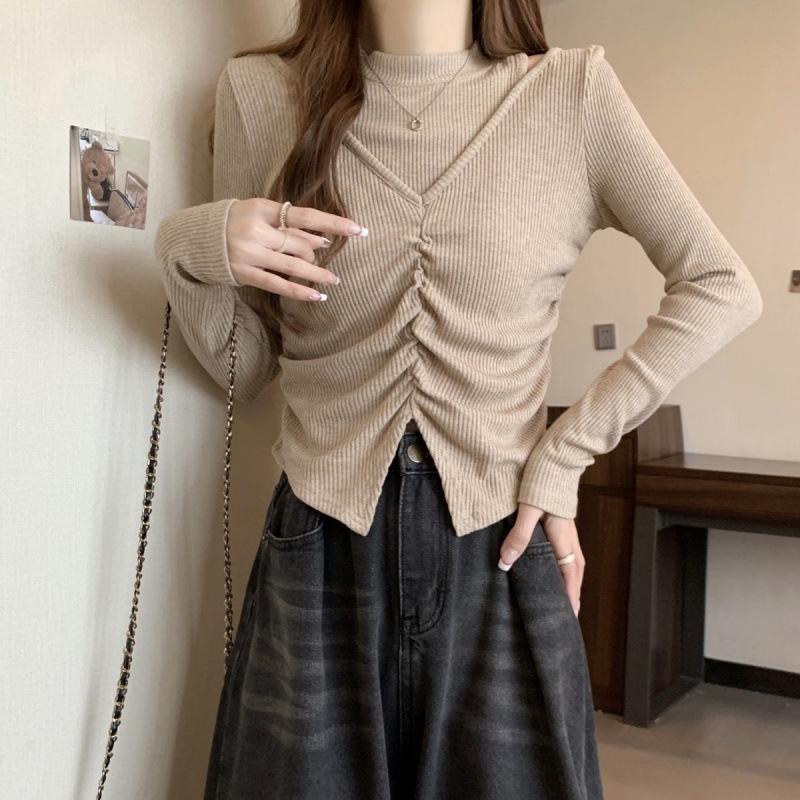 

Autumn/Winter Slim Fit Ruffle Knit Sweater with Irregular Long Sleeves M under 50 kg абрикосовий