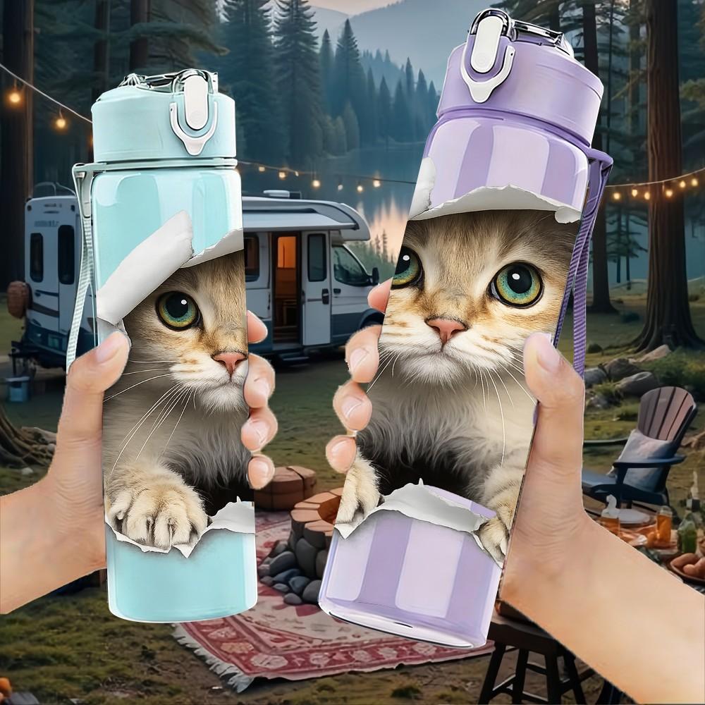 1PC Cat Breaking Through Wall Cartoon Print 750ml Color Plastic Sports Water Bottle Leakproof Flip Straw Lid Suitable for Sports Office Home Use