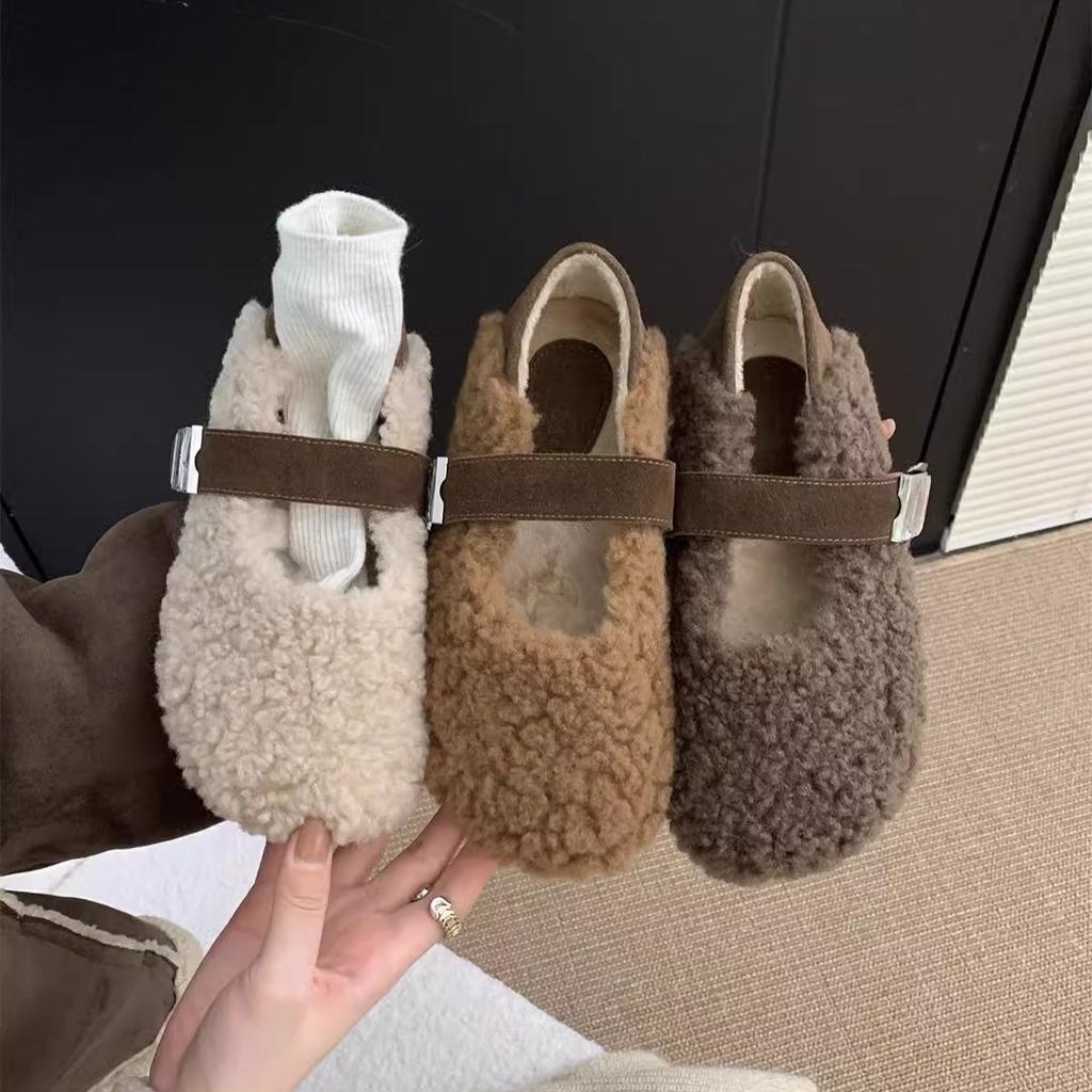 Lamb wool shoes women wear outside in winter autumn and winter new gentle fairy wind velvet warm cotton shoes flat Mary Jane shoes