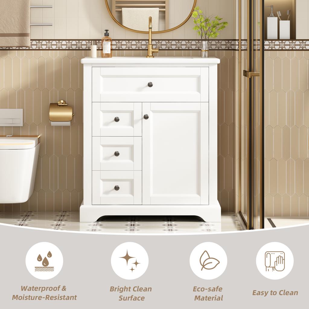 76X46x87cm freestanding bathroom washstand, moisture-resistant coating, adjustable storage space in cabinet and integrated ceramic washbasin, white.