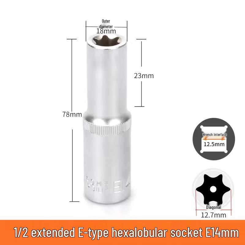 Metric 6-Point Flower-Shaped E-Type Socket Set: 1/2 Large, 3/8 Medium, 1/4 Small, Star Type.