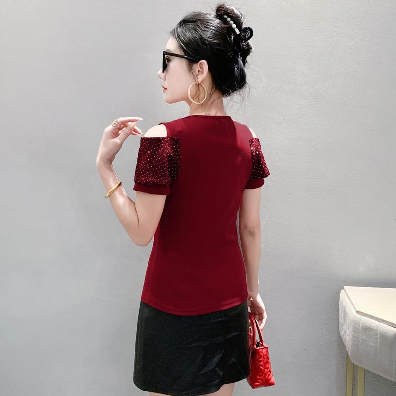 Summer Sexy Off Shoulder Beading T-shirt Women's Short Sleeves Tassels Design Tees New Cotton Female Tops