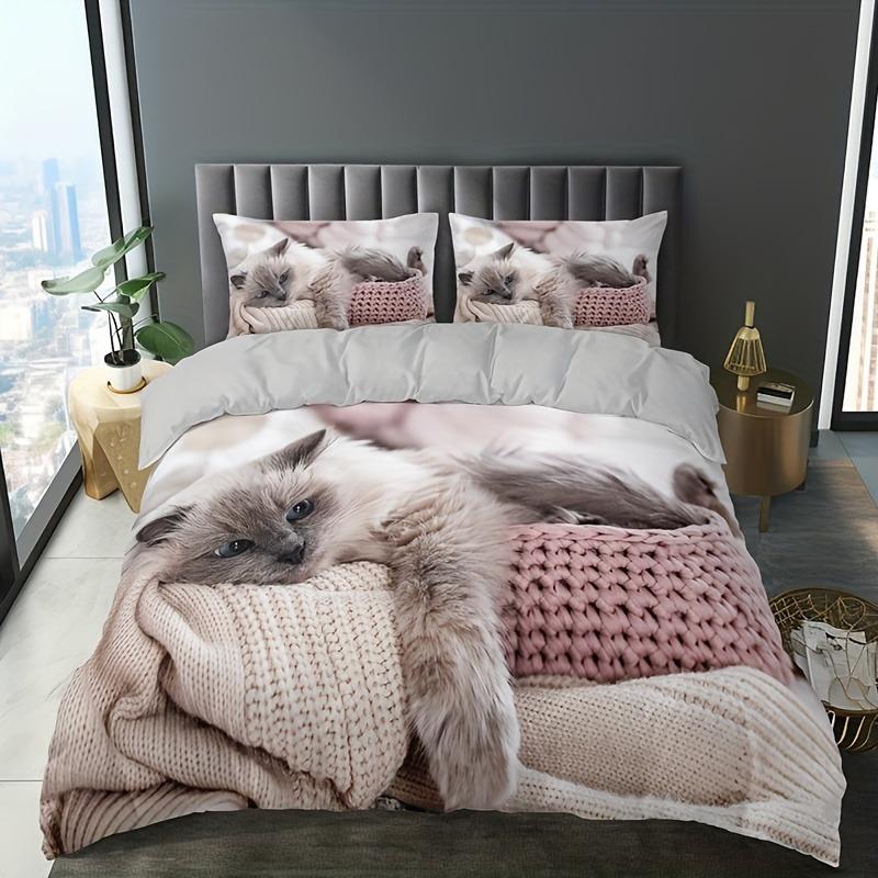 Cat Pattern Print Bedding Set, Black and White Ink Duvet Cover Set with "Dream" Print, Modern Tribal Bedroom Decor