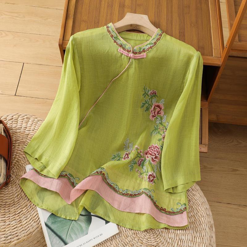 Chinese-style Slanted Collar Cheongsam Shirt Top with Ummer Cotton Linen Retro Style Embroidered with Touch of Literary Flair