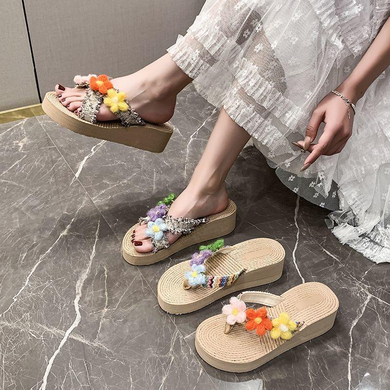 Thai style flower thick-soled flip-flops female ins2025 seaside vacation beach shoes Xishuangbanna pinch sandals