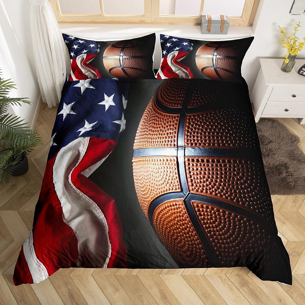 Copripiumino da Basket per Ragazzi Nero con Motivo a Palla Tema Sportivo Biancheria da Letto Bambini Adolescenti Campo da Basket Decorazione Stanza Giochi Competitivi