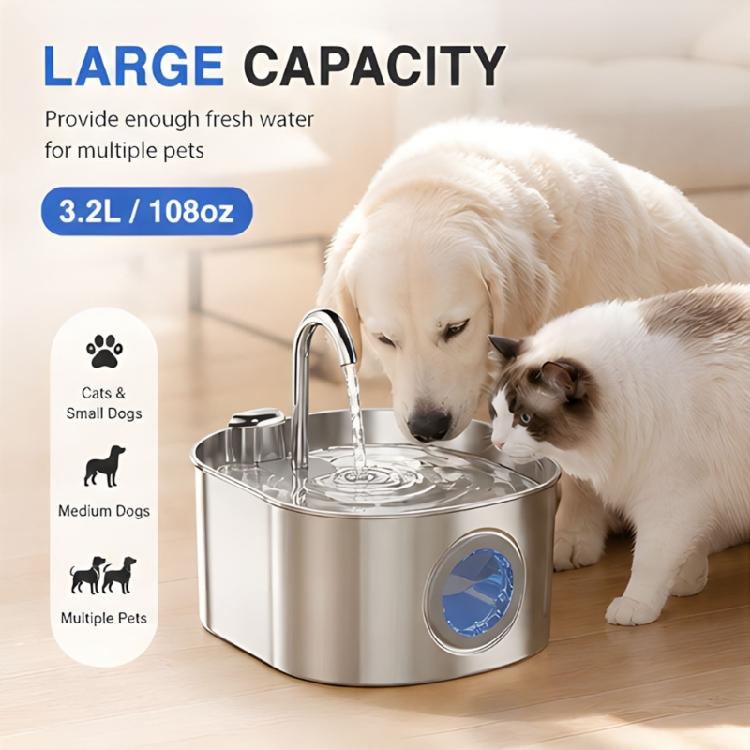 Removable Design Pet Waterer, Metal Bowl 2.2 L, Open Drink Area, USB Cable Power for Indoor Daily Water Supply, Daily Use Unit, Round Unit