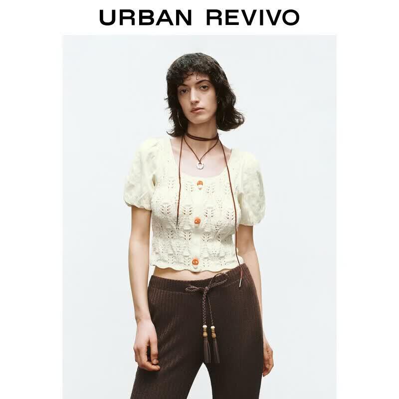 UR2026 Women s Puff Sleeve U-Neck Knit Top L