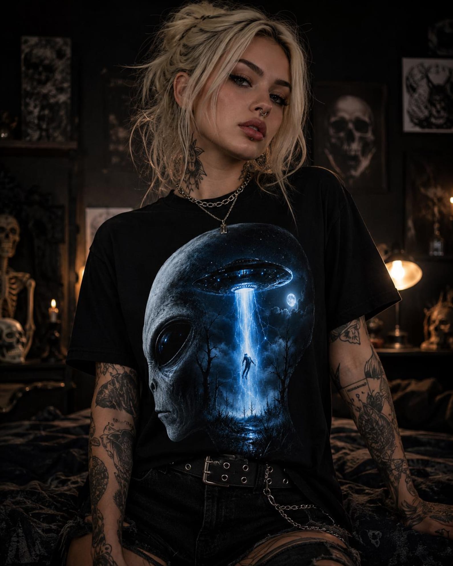 Gray Alien Abduction UFO T-Shirt, Sci Fi Horror Graphic Tee L