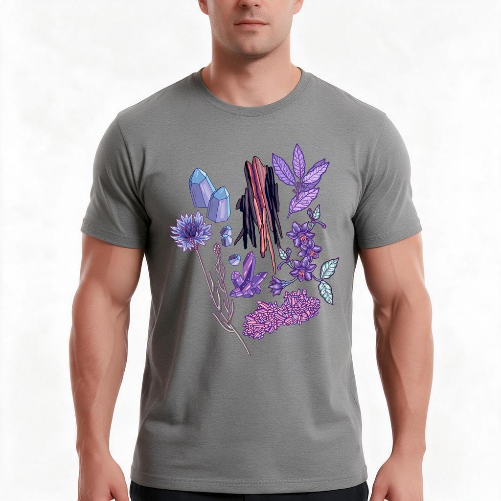 Purple Flowers And Jewels Tshirt Summer Casual Cotton Tee Oversized Streetwear Tops Vintage Graphic Print Unisex Unisex Unisex
