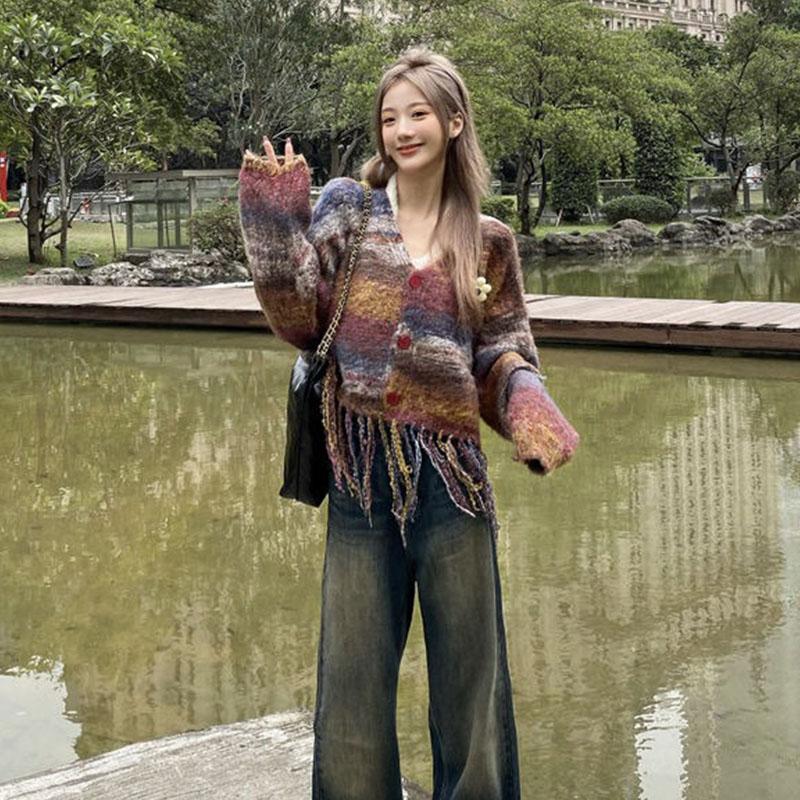 Gestreifte V-Ausschnitt-Strickjacke mit Fransen, Damen, 2023, neuer Mantel für Damen, Frühling, langärmelig, einzigartiger Pullover, Strickjacke, Damenoberteil