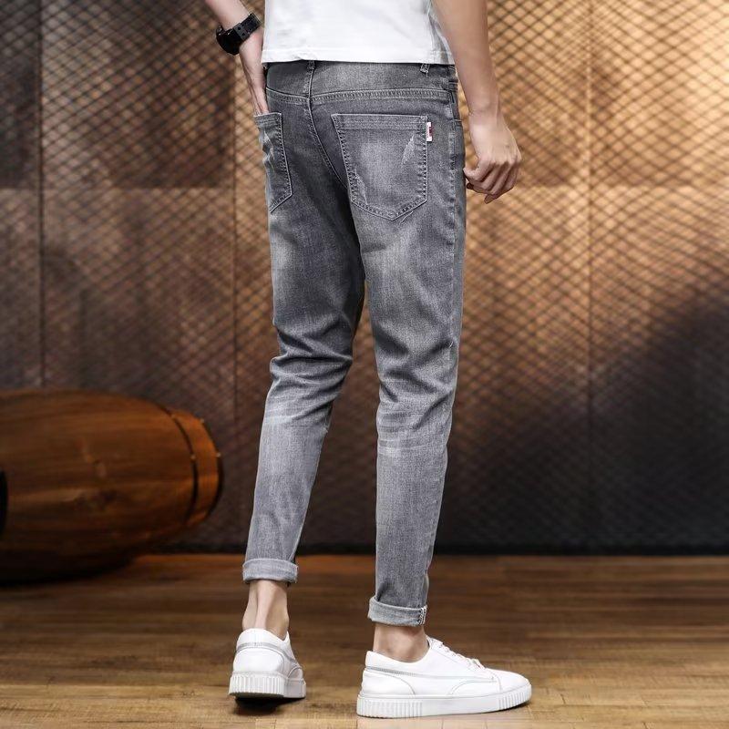 Summer Light-Colored Men's Jeans Straight Cropped Casual Jeans Trendy All-Matching Spring Summer Slim-Fit Long Skinny