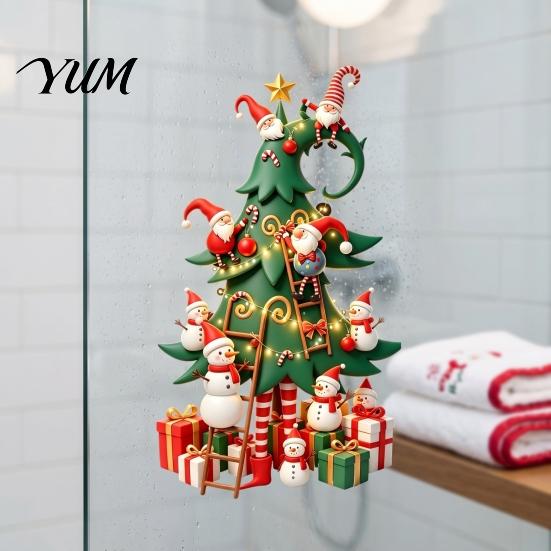 Easy Apply Christmas Window Film Tree Stickers with Gnome And Snowman, Removable Glass Stickers, PVC Durable Holiday Art Waterproof Wall Decor