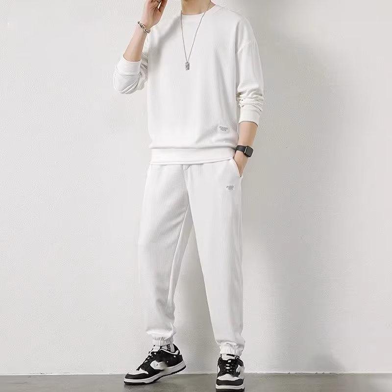 

Вафельный костюм-свитер Свободный повседневный Осенне-зимний Круглый вырез Мужской С длинным рукавом Брюки Молодежная одежда XS белый