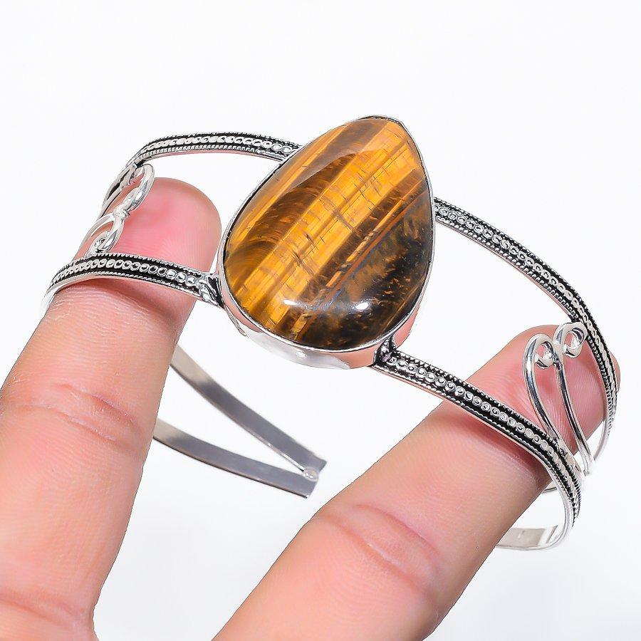 Natural Tiger Eye Gemstone 925 Sterling Silver Cuff Bangle Adjustable S2f37