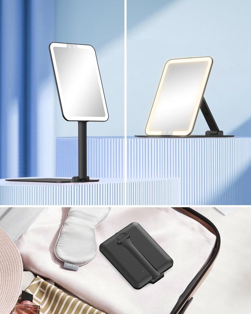 Gospire Folding Makeup with LED Makeup 3 Stepless Adjustable Folding Tabletop Mirror Mirror, Tabletop, Light, Mirror, Colors, Dimming, Angle, (Black)