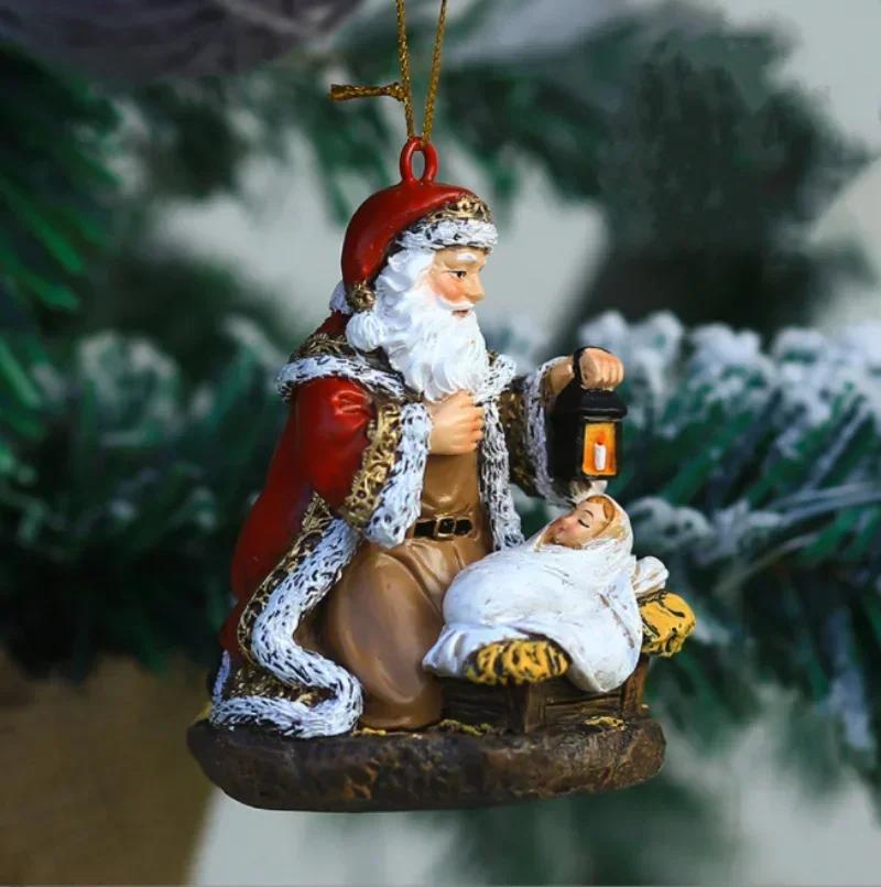 Christmas Party Decoration Hanging Ornaments Resin Hugging Santa Claus Figurines Mini Santa Pendant Xmas Tree Home Decor Supplie
