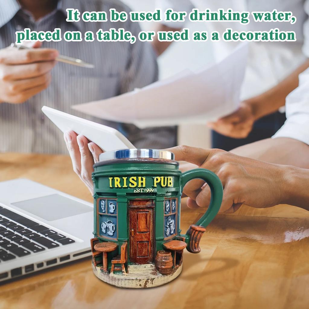 3D Pattern Irish Pub Stainless Steel Mug Home Bar Resin Crafts Ornaments Beer Mug Coffee Cup Drinking Utensils Xmas Holiday Gift