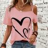 Heart Print Off the Shoulder Short Sleeve Asymmetrical T-shirt Casual Sexy Top with Slight Stretch Micro Elasticity Random Printing Machine Washable