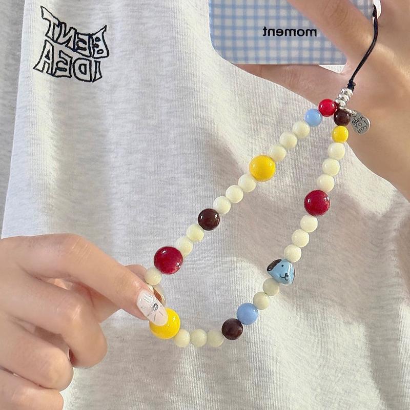 Korean Cute Blue Puppy Color Bead Beaded Phone Chain Charm Lanyard For iPhone Samsung Universal Accessories Girl Jewelry Pendant