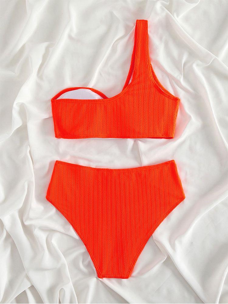 European-American Style 2025 One-Shoulder Solid Color Bikini Swimsuit for Women