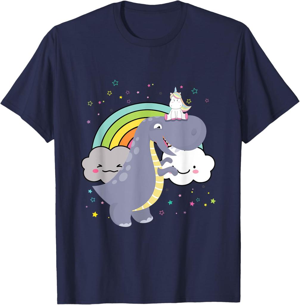 Dinosaurier reitet Einhorn Regenbogenwolken Grafik T-Shirt Lässiges Kurzarm Baumwoll-T-Shirt
