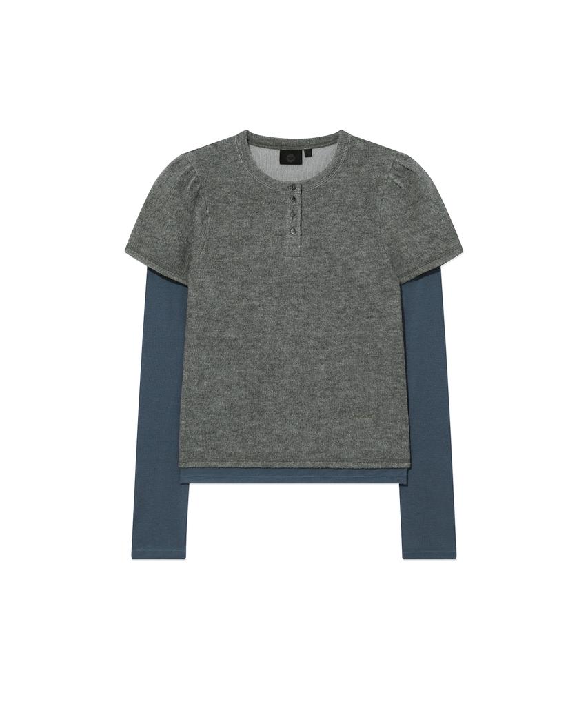 COVERNAT WOMAN Henley Neck Layered Long Sleeve Melange Gray