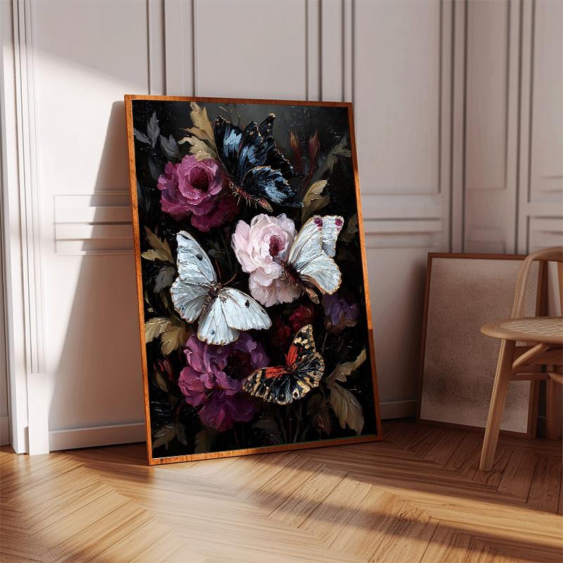 Butterflies Roses Wildflower Meadow Poster Canvas Print Wall Art Moody Gothic for Living Room Home Decor Cuadros