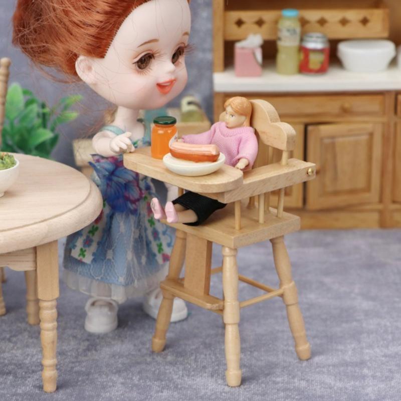 1/12 Scale Wooden Dollhouses Baby High Chair Miniature Realistic Dining Furniture for Kids Role Play