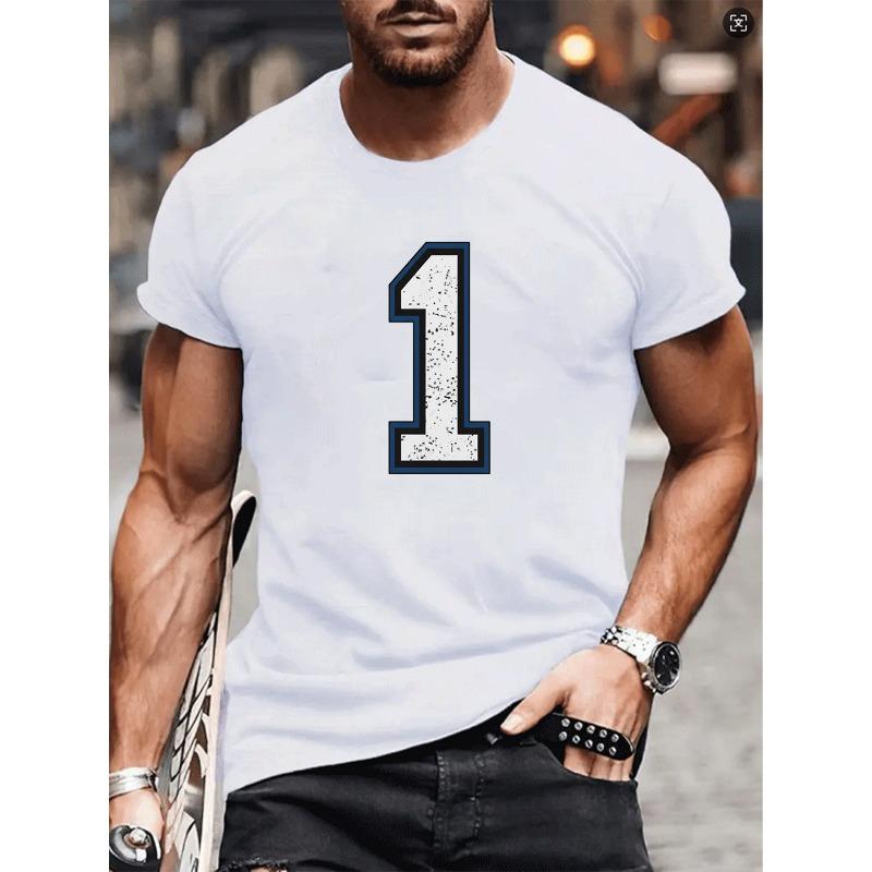 European sizes No. 1 Distressed Digital Print, Patterned Printed Round-neck T-shirt, Men's Casual Short-sleeved Round-neck Patterned Printed T-shirt