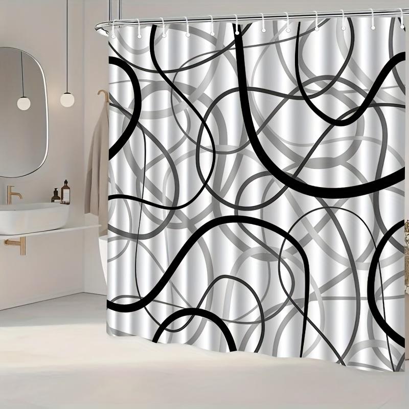 1pc Black and White Irregular Striped Patterned Shower Curtain, Machine Washable Polyester, Suitable for Bathroom Decoration.