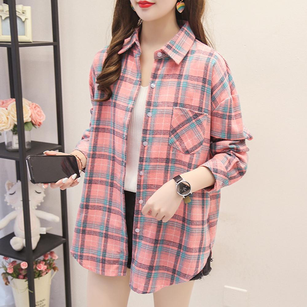 Women's Spring Autumn Large Size Long Sleeve Shirts Female Vintage Loose Plaid Coats Turn Down Collar Button Tops Blouses