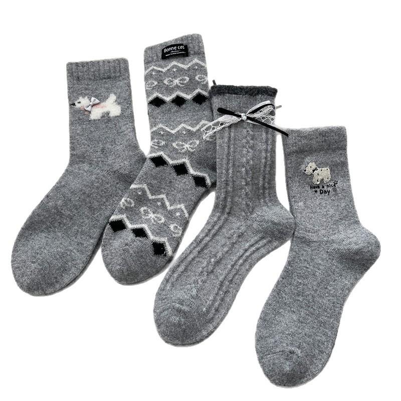 Grey Autumn and Winter Cartoon Dog Wool Thickened Women's Socks with Bow and Sweet Wind Tube Socks