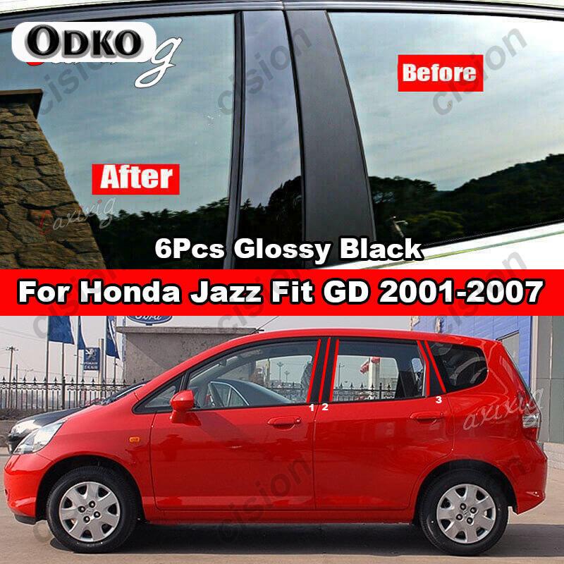6Pcs Car Window Door Column B C D BC Pillar Post Cover Trim for Honda Jazz Fit GD GE GK GS GR 2001- Mirror Effect PC Sticker