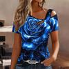 Women Butterfly Print Cold Shoulder Short Sleeve T Shirt Irregular Cutout Neck Casual Summer Blouse Top