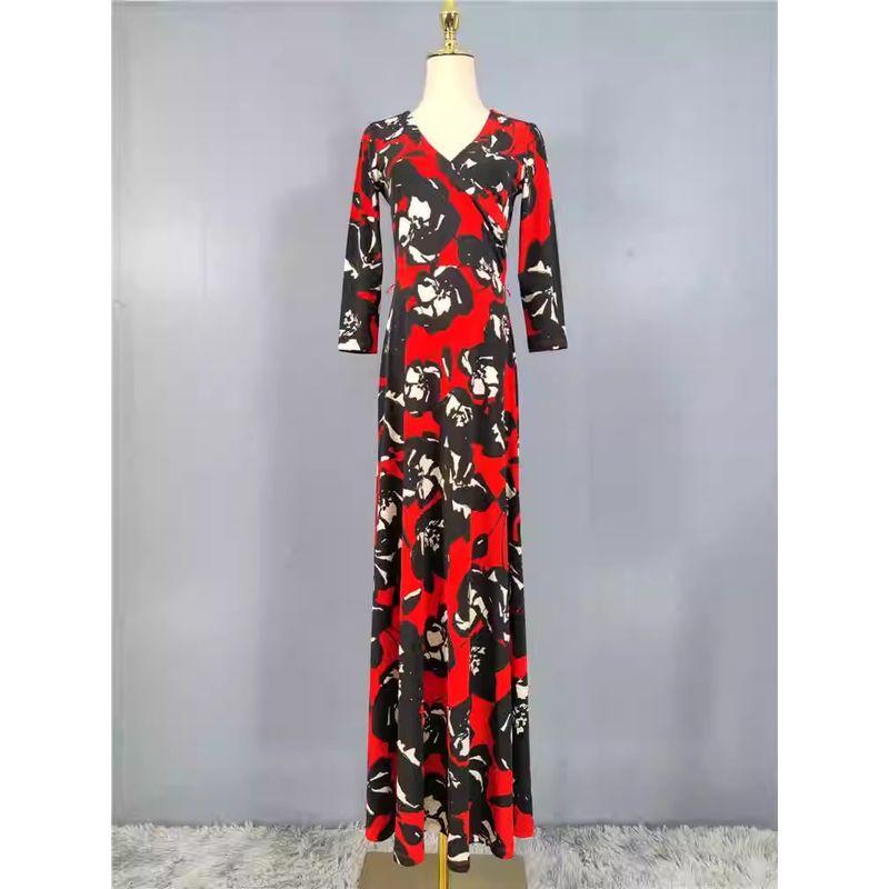 

Export Single Exquisite Print Elegant Elegance Elastic Slim Fit Slimming 3/4 Sleeve V Neck Waist Dress plus Size Black Red Print 2XL