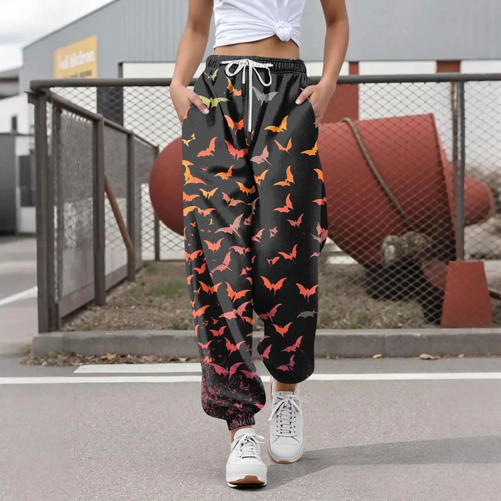 Damen Casual Fashion Halloween Printed Freizeithose Jogginghose Hose Kordelzug Elastische Taille Kordelzug Kordelzughose