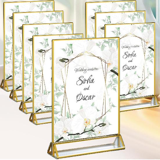 8 Pack Acrylic Sign Holder Gold Borders,4 X 6 Gold Table Number Holders Vertical Stand,Double Sided Clear Picture Frames,Gold Sign Holders Display