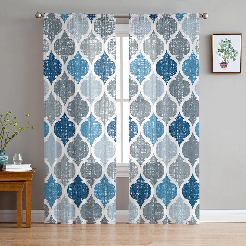 Golden Yellow Blue Geometric Moroccan Retro Transparent Curtains Perfect for Living Room Decoration Window Panel Curtain Kitchen Tulle Sheer Fabric