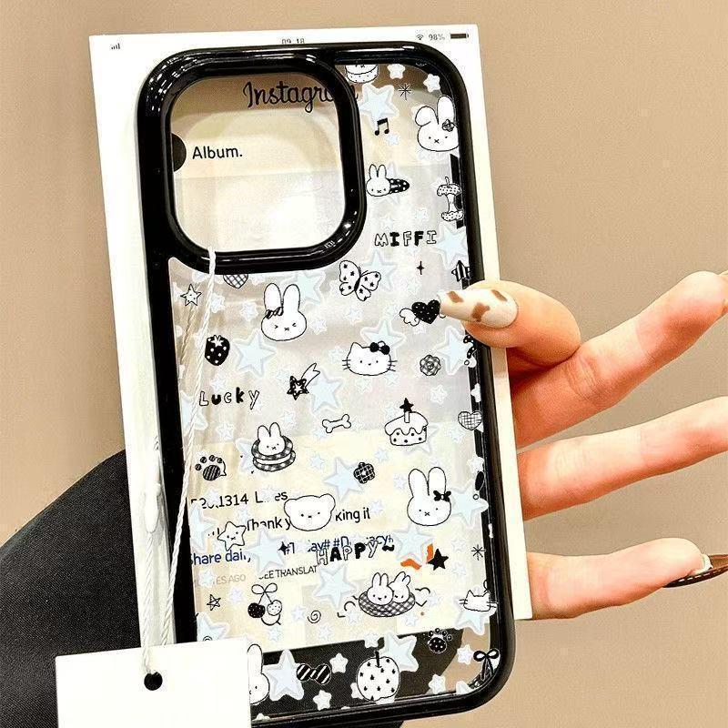 

Korean Star Rabbit Apple 17 Promax Cartoon Case - Fits iPhone 15, 14, 16 Pro; Black Frame, Large Cutouts Apple 11 Pro