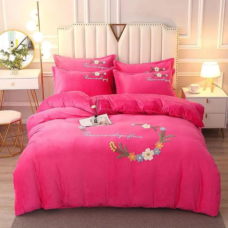 4pcs/set Crystal Coral Fleece Quilt Cover Bedding Set Autumn and Winter Thickened Warm Double Bed Sheet Quilt Pillow Flower Embroidery Four Piece Set