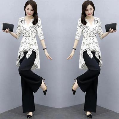 Female Summer Wear Set Fashion High Waist Wide Leg Pants & Irregular Hem Tops Two Pieces Suits