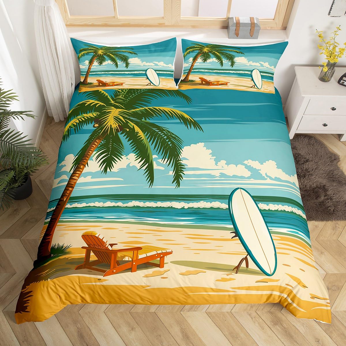 

Beach Surfboard Bedding Set Sea Coconut Tree Duvet Cover Summer Surfing Sports Comforter Cover Ocean Coast Palm Tree Quilt Cover EU Double(200x200cm)