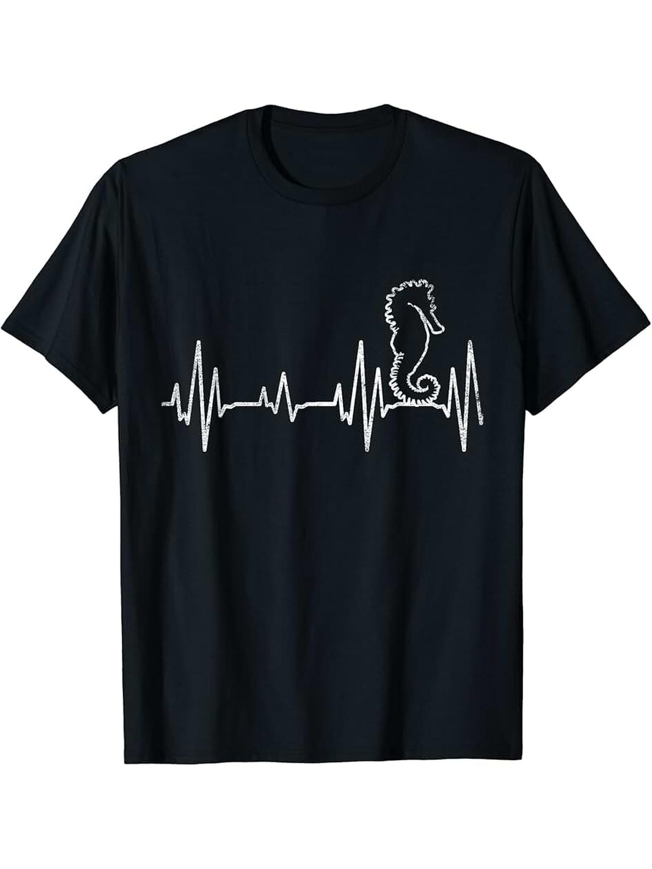 Mens Casual 100 cotton Short Sleeve TShirt  Heartbeat Seahorse Graphic Print Black with White Design S