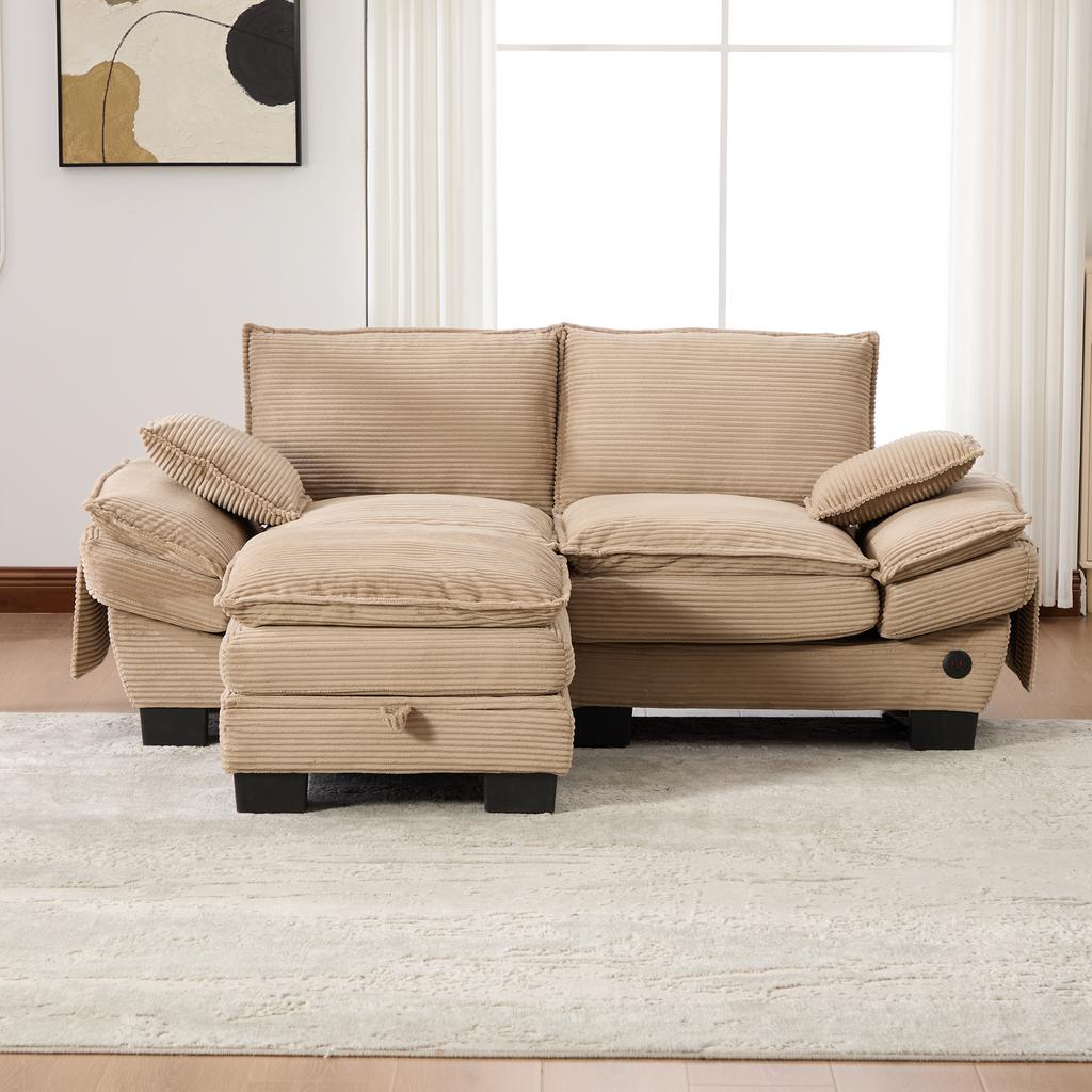 Modular 2-seater Corduroy Sofa (with Ottoman) – Wide Seat, Ergonomic Design, High-density Foam Padding, USB-C Port, Side Pockets. Khaki