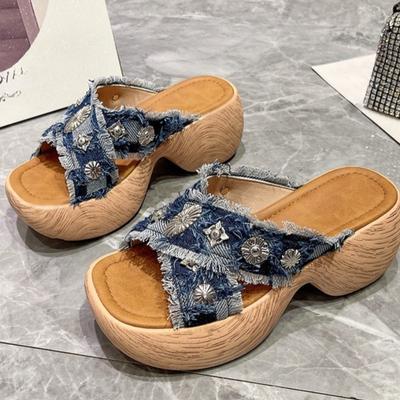 Fashion Platform Open Toe Flip Flops Summer New Round Toe Shallow Mouth Denim Cross Strap Anti-Slip Wear-Resistant Beach Shoes
