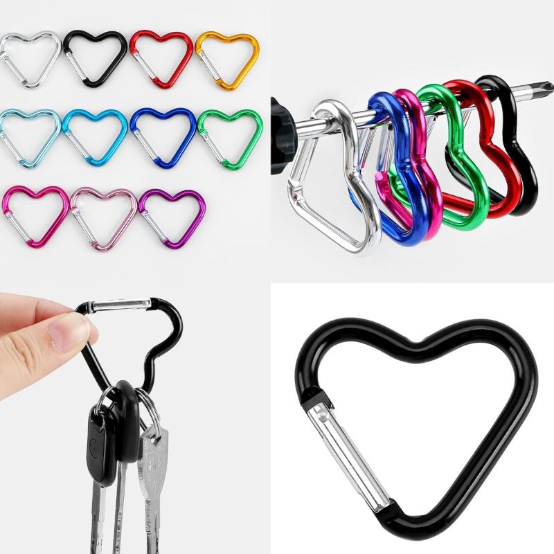 Pack of 10 Heart Shaped Metal Carabiner Keychain Accessory Portable for Outdoor Climbing and Camping Keyring Hook
