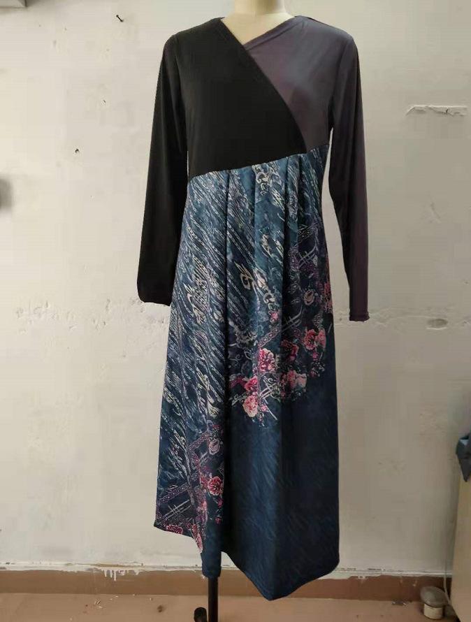 Women Color Block Floral Print Long Sleeve Maxi Dress Casual Loose A Line Long Dress S-XXXL