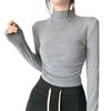 Spicy Girl Women's Autumn Slim Fit Ruched Long Sleeve Top with Semi High Neck
